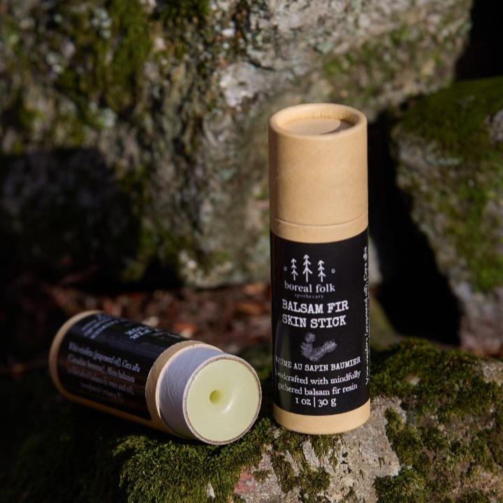 balsam fir skin stick sitting on mossy rocks