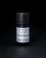 5ml black glass bottle of LVNEA's opoponax essential oil on black background. The bottle has a silver label.