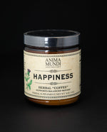 Amber glass jar with tan label reading 'Happiness Herbal "Coffee". It contains a herbal supplement by Anima Mundi.