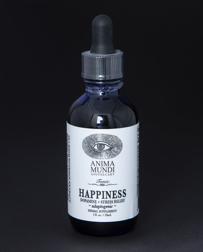 Black 2oz glass bottle with black dropper top and white label reading "Happiness Dopamine + Stress Relief". The bottle contains a herbal tincture by Anima Mundi.