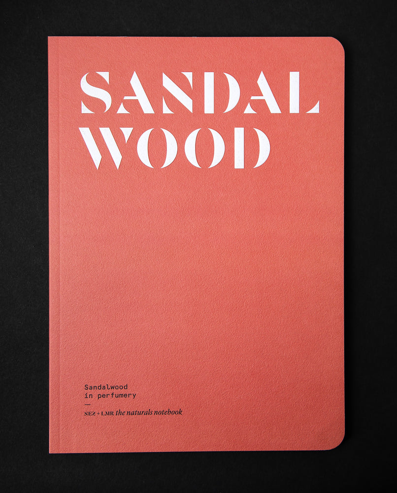 The book "Sandalwood in Perfumery" on black background. The cover is brick red and reads "SANDALWOOD" in bold white graphic letters.