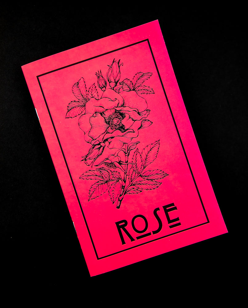 Herbal Revolution's zine about roses on black background. The cover is red, reads "Rose" in bold lettering, and features a simple illustration of a rose and stem.