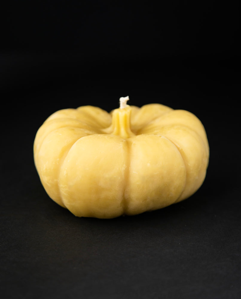 A golden pumpkin-shaped beeswax candle on black background.