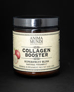 5oz amber glass jar with black lid and tan label. It contains Anima Mundi's "Collagen Booster" herbal supplement.