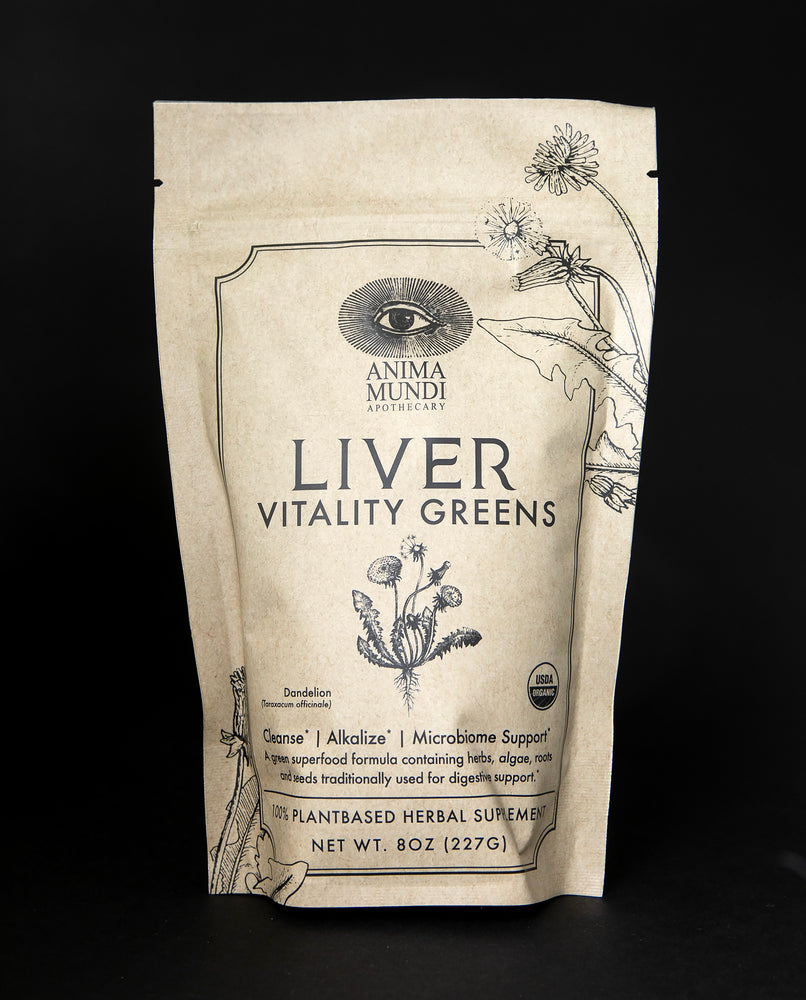 Tan-coloured resealable pouch of Anima Mundi's "Liver Vitality Greens" plant-based herbal supplement.