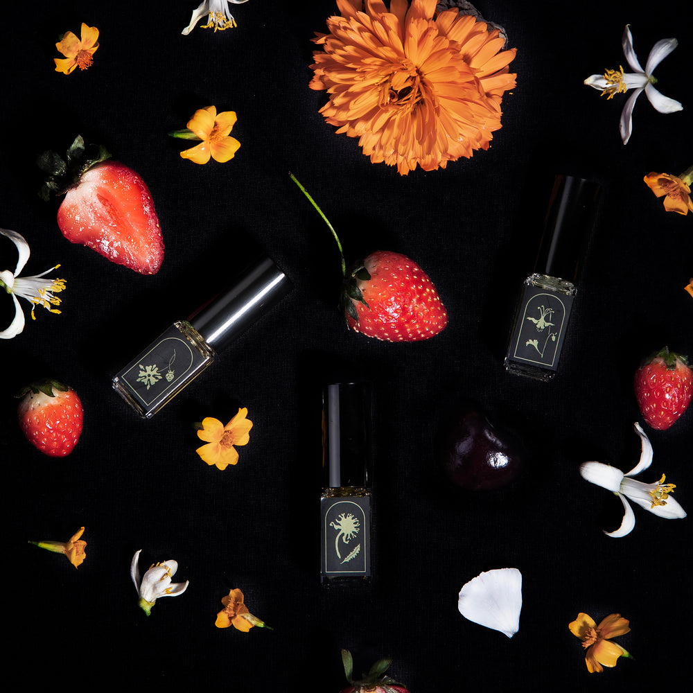 
                      
                        3 mini eau de parfum vials, each labeled with a black and gold foil botanical symbol, surrounded by orange, red, and yellow botanicals
                      
                    