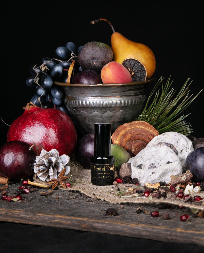 15ml black glass bottle of LVNEA's Feast of Fools Eau de Parfum surrounded by a  cornucopia of fresh and dried fruit, mushrooms, evergreens,  and other botanical matter.