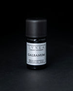 5ml bottle of LVNEA's galbanum essential oil on black background