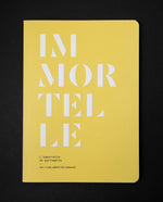 The book "l'imortelle en parfumerie" on black background. The cover is canary yellow and reads "IMORTELLE" in bold white graphic text.