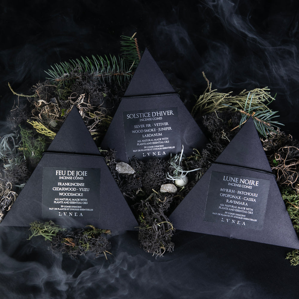 
                      
                        A set of 3 boxes of LVNEA incense cones, sitting in a bed of moss and evergreens, with wisps smoke curling around them. The boxes are pyramid-shaped and made of black cardboard.
                      
                    