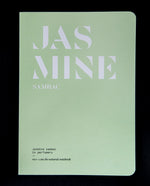 "Jasmine Sambac in Perfumery" book on black background. The cover is light mint green and reads "JASMINE" in bold white letters