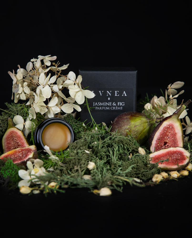 10g black glass pot of LVNEA's 'Jasmine & Fig' solid perfume, lid open to reveal a deep yellow balm. The jar is nestled amongst greenery, white florals, and fresh juicy figs.
