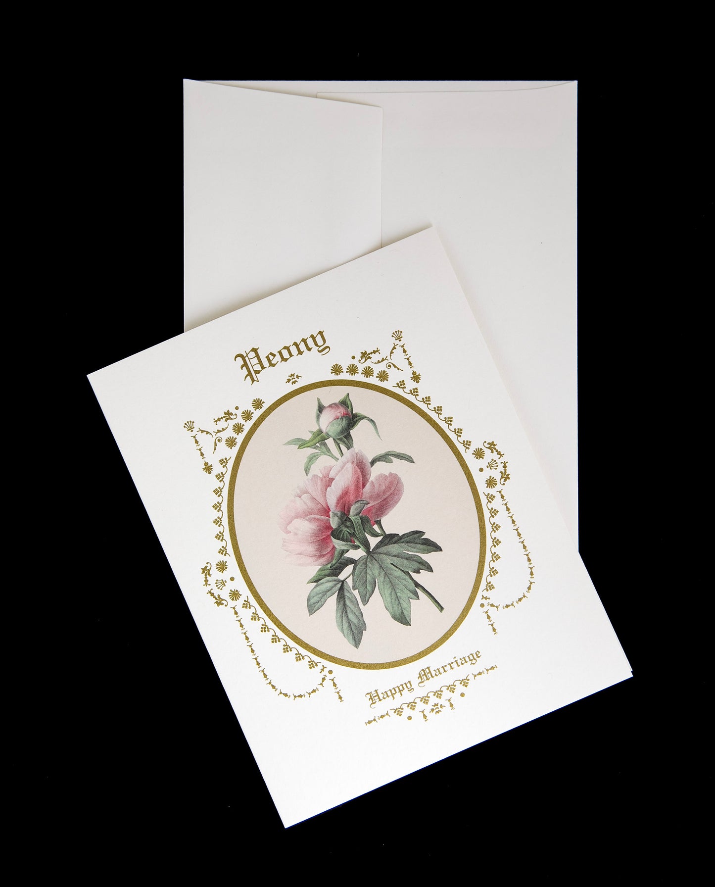 peony greeting card sitting atop its envelope against a black background