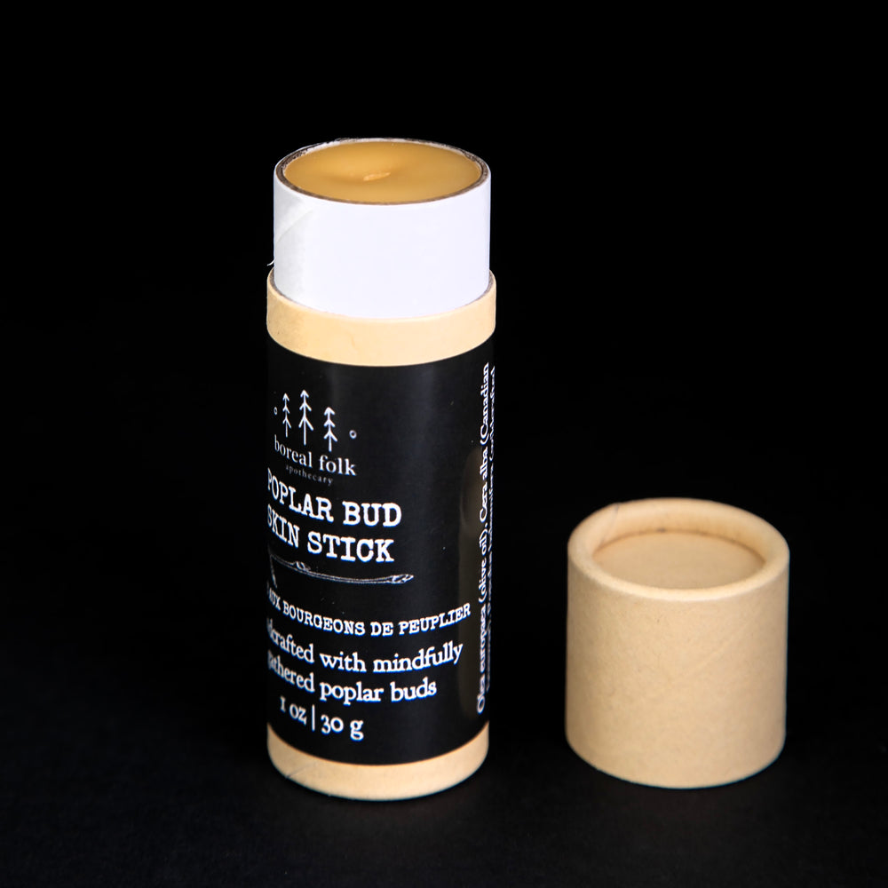 
                      
                        Poplar bud skin stick with its kraft cardboard lid removed, revealing the golden-hued balm within.
                      
                    
