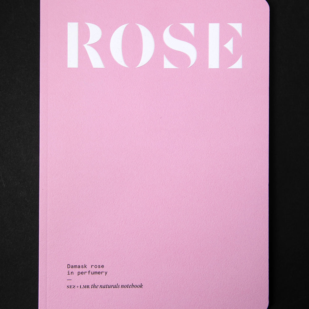 "Damask Rose in Perfumery" book on black background. The cover is flat pink and reads "ROSE" in a big bold font.