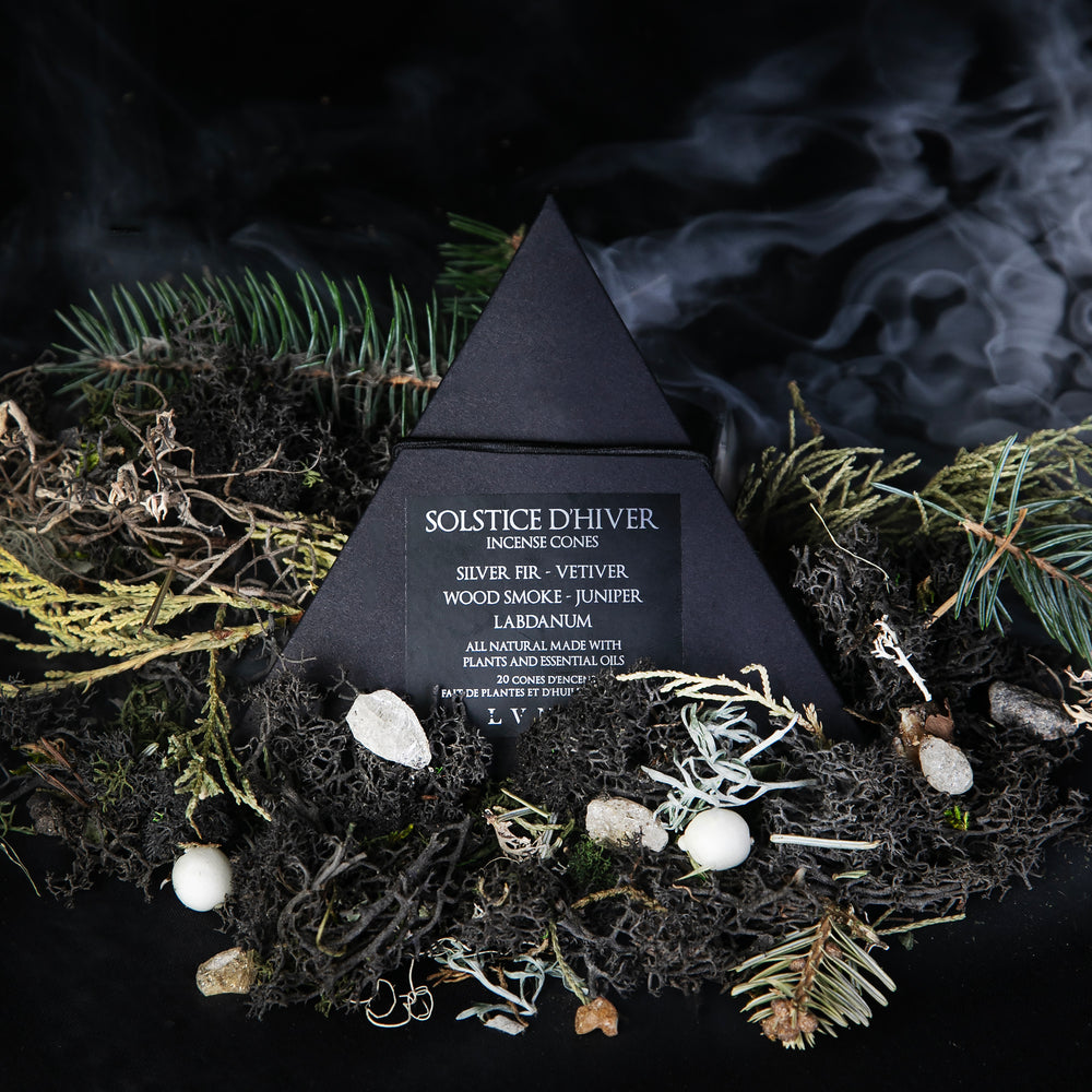 Closed box of LVNEA's 'Solstice d'Hiver" incense sitting on a bed of moss and conifers on a black background, with a wisp of smoke in the background