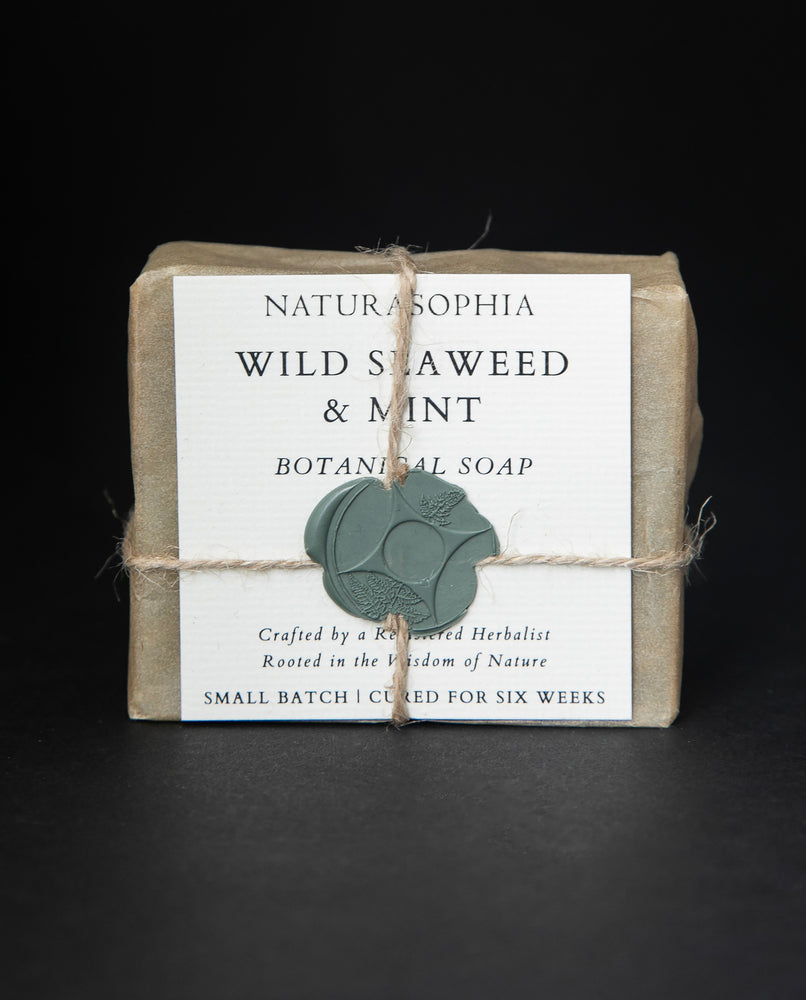 Bar of Naturasophia soap wrapped in brown paper and twine, with a label that reads "Wild Seaweed & Mint". There is a sage green wax stamp holding the label in place.