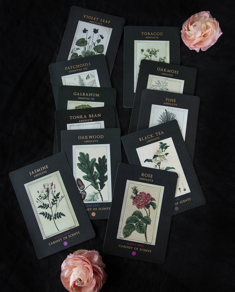 Selection of 11 assorted perfumery cards which feature vintage botanical illustrations and gold leaf text. The cards are scattered across a piece of black linen with fresh roses