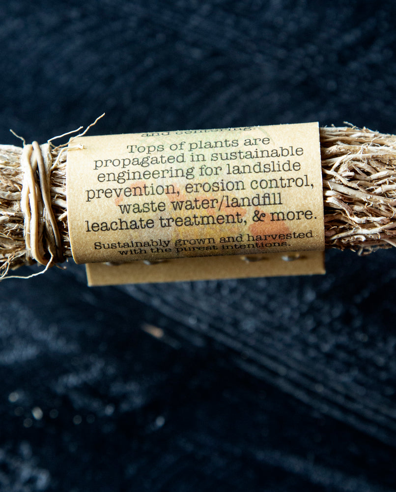Close up of the label surrounding a vetiver root bundle. It reads "tops of plants are propagated in sustainable engineering for landslide prevention, erosion control, waste water/landfill leachate treatment & more."