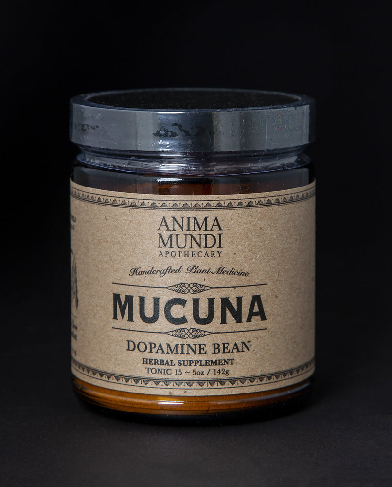 Amber glass jar with black lid filled with Anima Mundi's "Mucuna" herbal supplement. The kraft-paper label reads "dopamine bean".