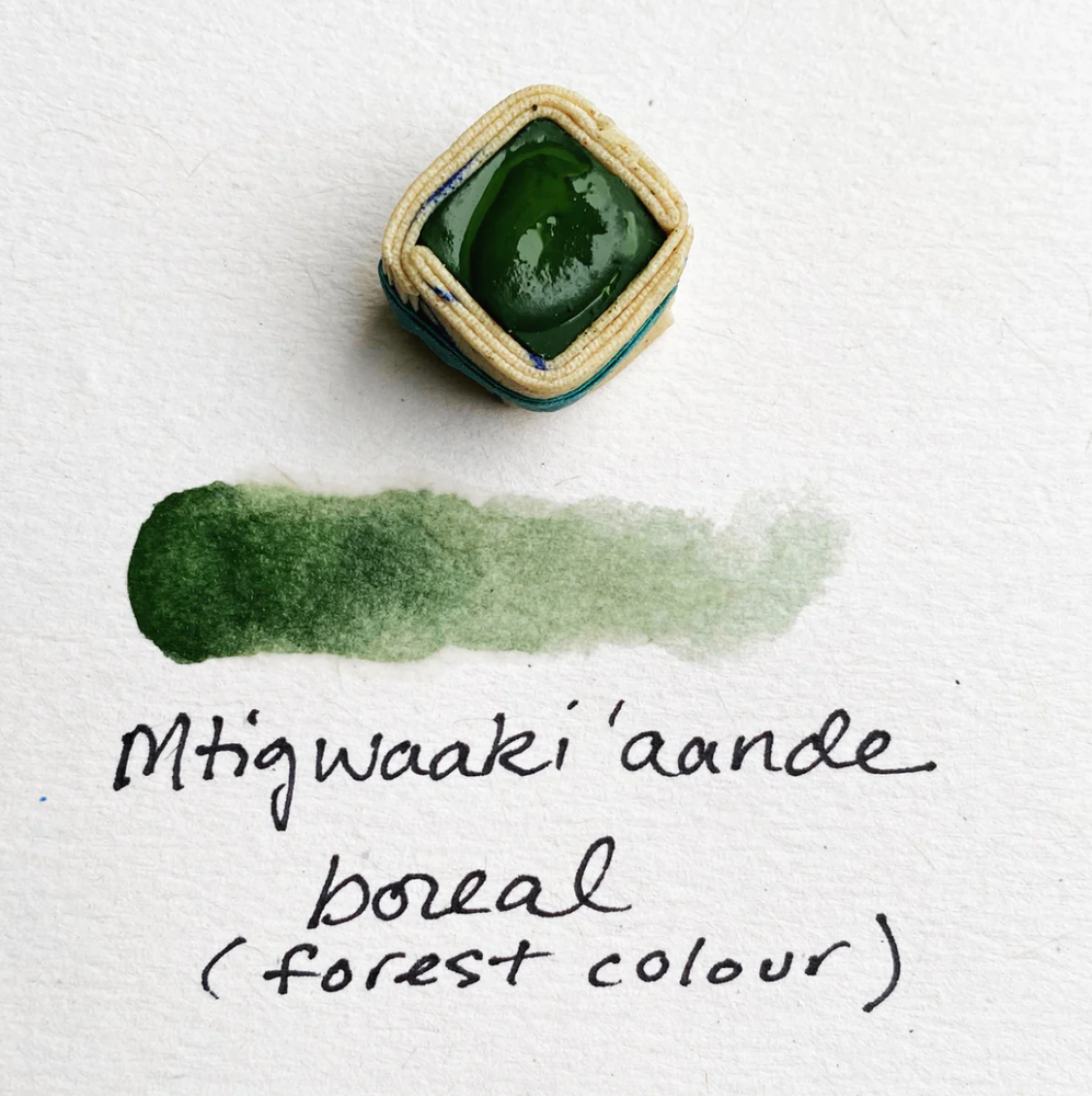 Swatch of Beam Paints' forest green "Boreal" watercolour paintstone.