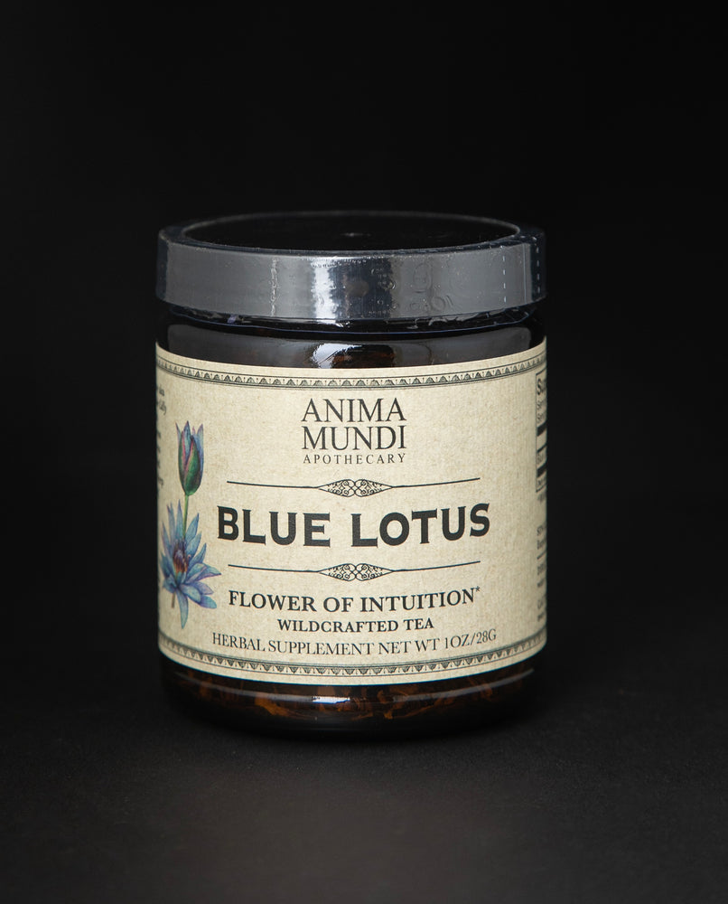 1oz amber glass jar with black lid of Anima Mundi's Blue Lotus tea.