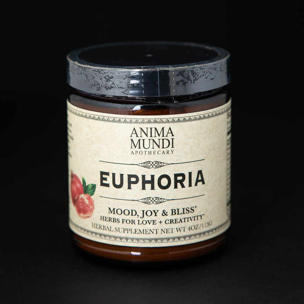 amber glass jar with black lid and tan label. It contains Anima Mundi's 'Euphoria' herbal supplement.