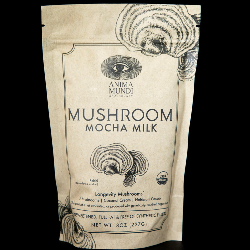 Tan-coloured resealable pouch of Anima Mundi's "Mushroom Mocha Milk" herbal creamer. The bag reads "Longevity mushrooms".