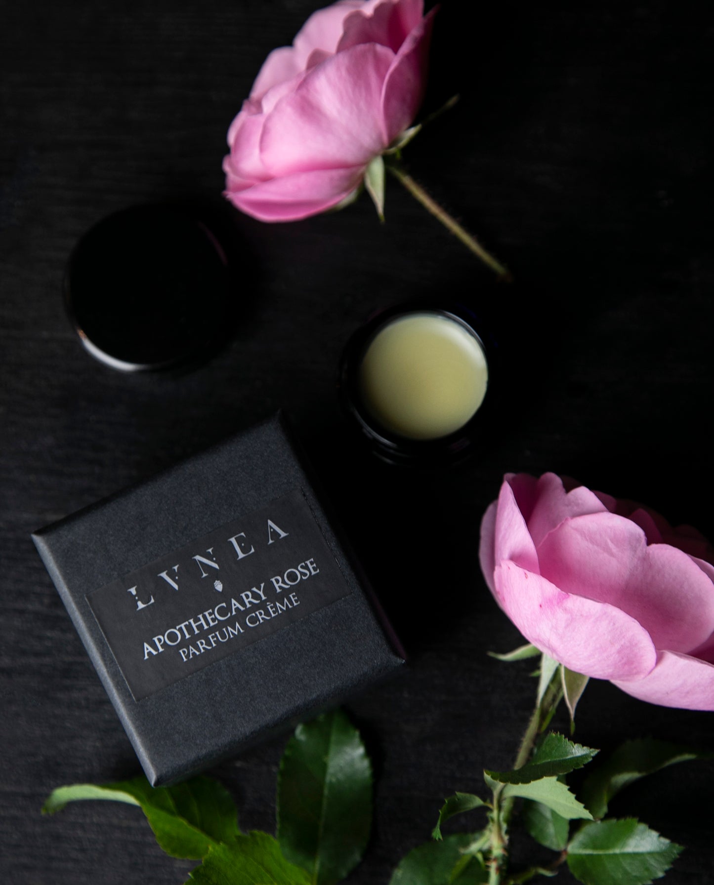 Opened black glass jar of LVNEA'S Apothecary Rose solid perfume and black box next to roses on a black wood surface