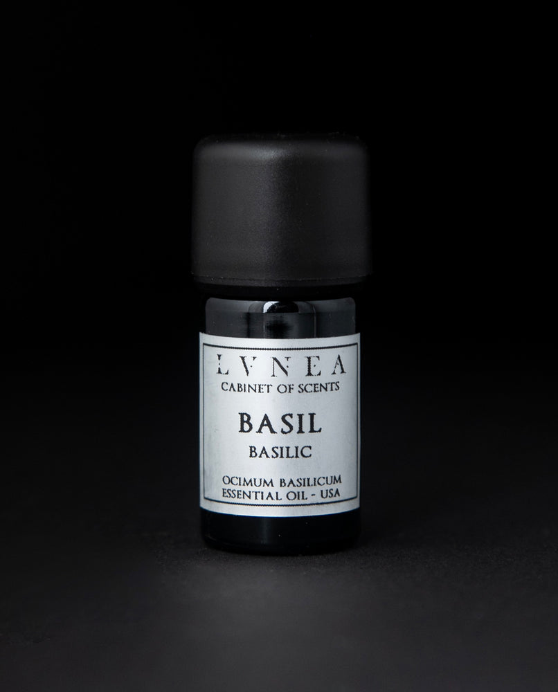 5ml black glass bottle with silver label of LVNEA's basil essential oil on black background