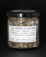 "Ariadne's Blessing" tea blend with french label side showing. It reads "La Grâce d'Ariane"
