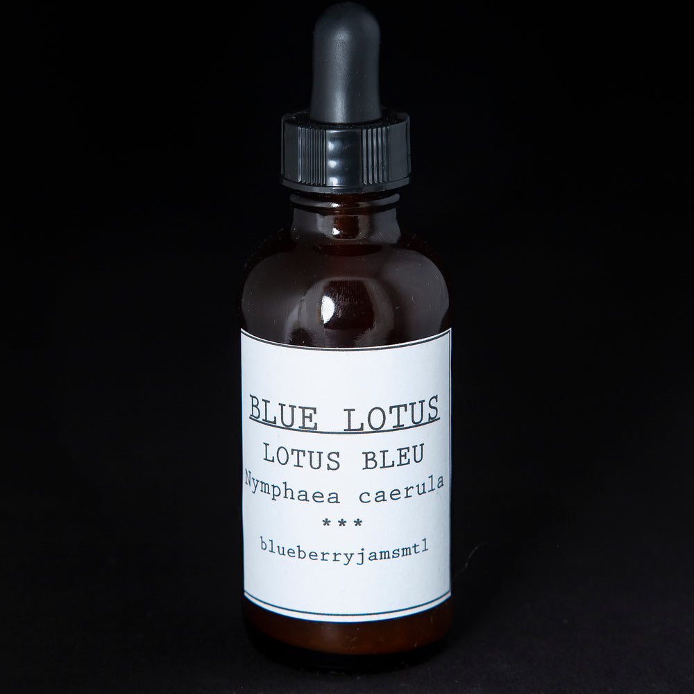 
                      
                        Amber glass bottle with black dropper top containing blueberryjams' blue lotus tincture. The bottle has a white label
                      
                    