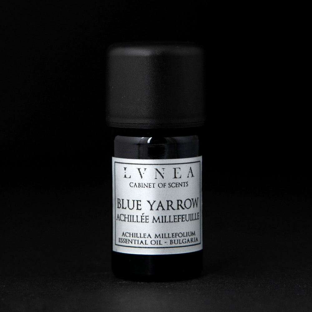 5ml black glass bottle of LVNEA's blue yarrow essential oil on black background. The label on the bottle is silver.