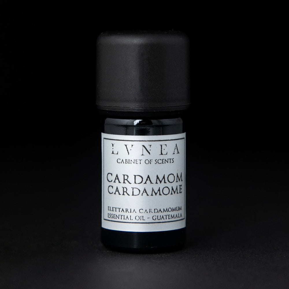 
                      
                        5ml black glass bottle with silver label of LVNEA's cardamom essential oil on black background
                      
                    