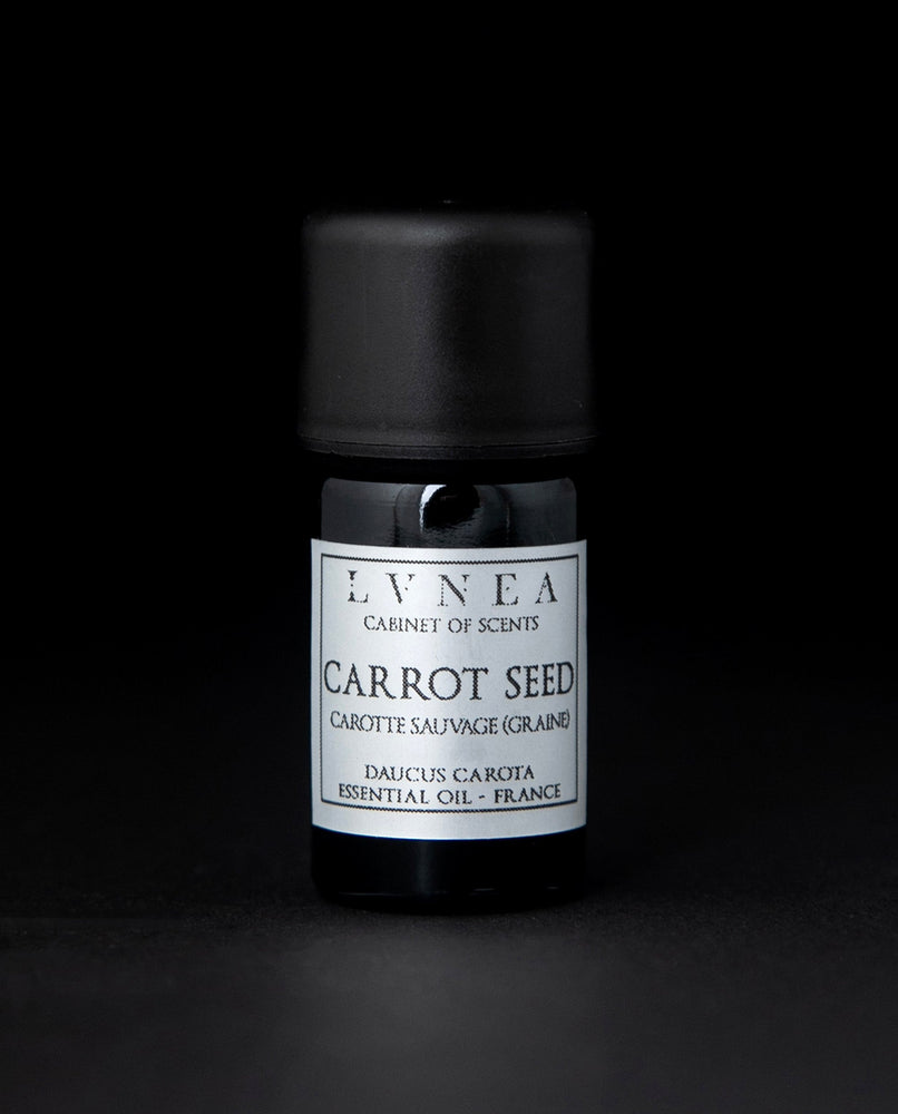 5ml black glass bottle with silver label of LVNEA's carrot seed essential oil on black background