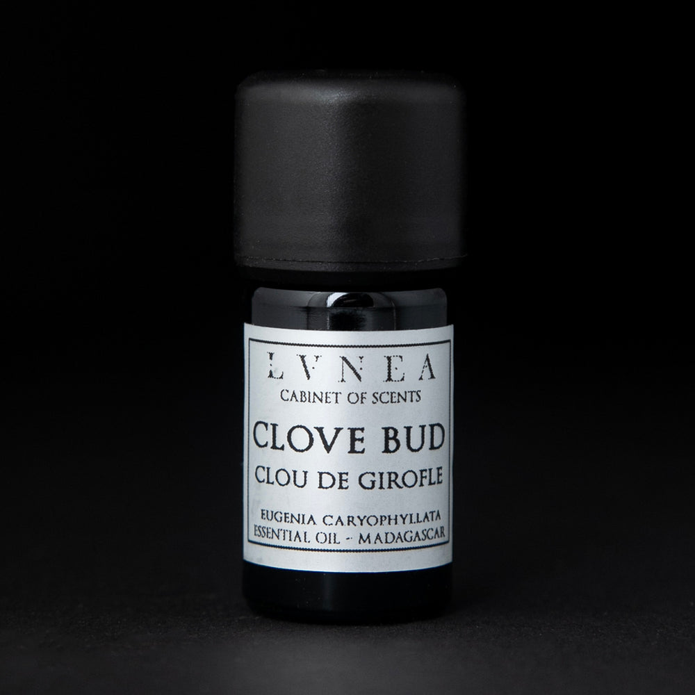 
                      
                        5ml black glass bottle with silver label of LVNEA's clove bud essential oil on black background
                      
                    
