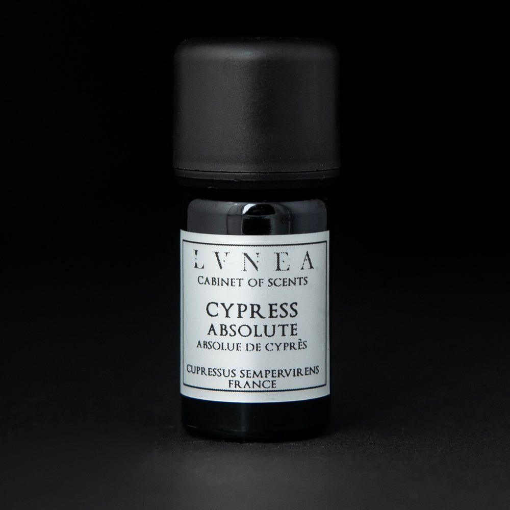 
                      
                        5ml black glass bottle with silver label of LVNEA's cypress absolute on black background
                      
                    