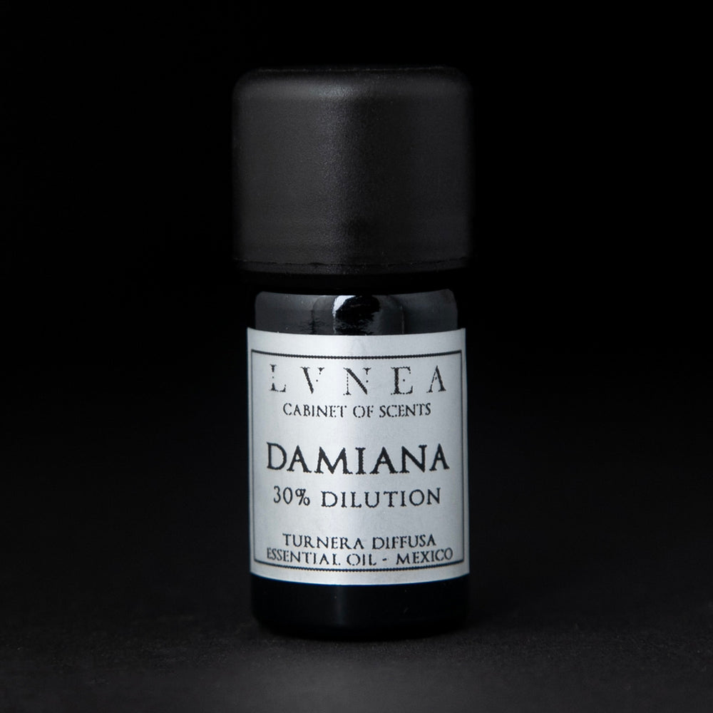 5ml black glass bottle with silver label of LVNEA's damiana essential oil on black background