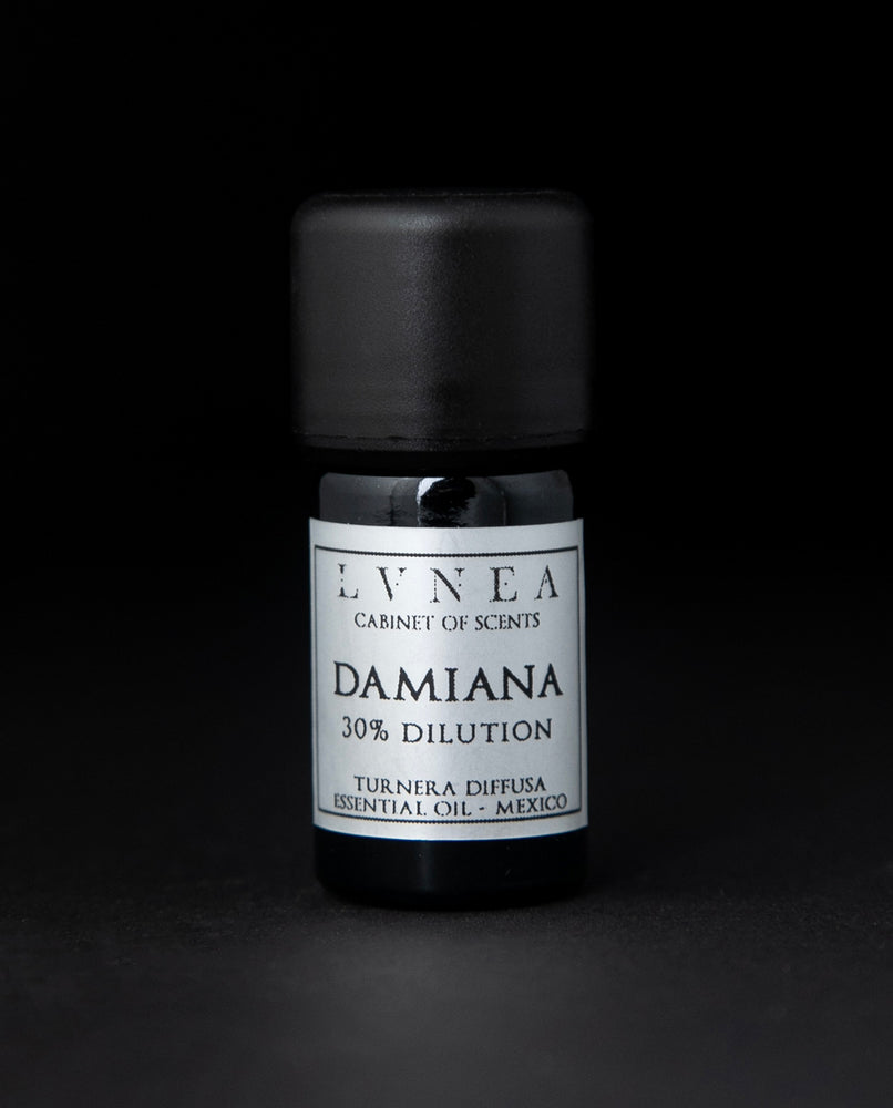 5ml black glass bottle with silver label of LVNEA's damiana essential oil on black background