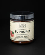 amber glass jar with black lid and tan label. It contains Anima Mundi's 'Euphoria' herbal supplement.