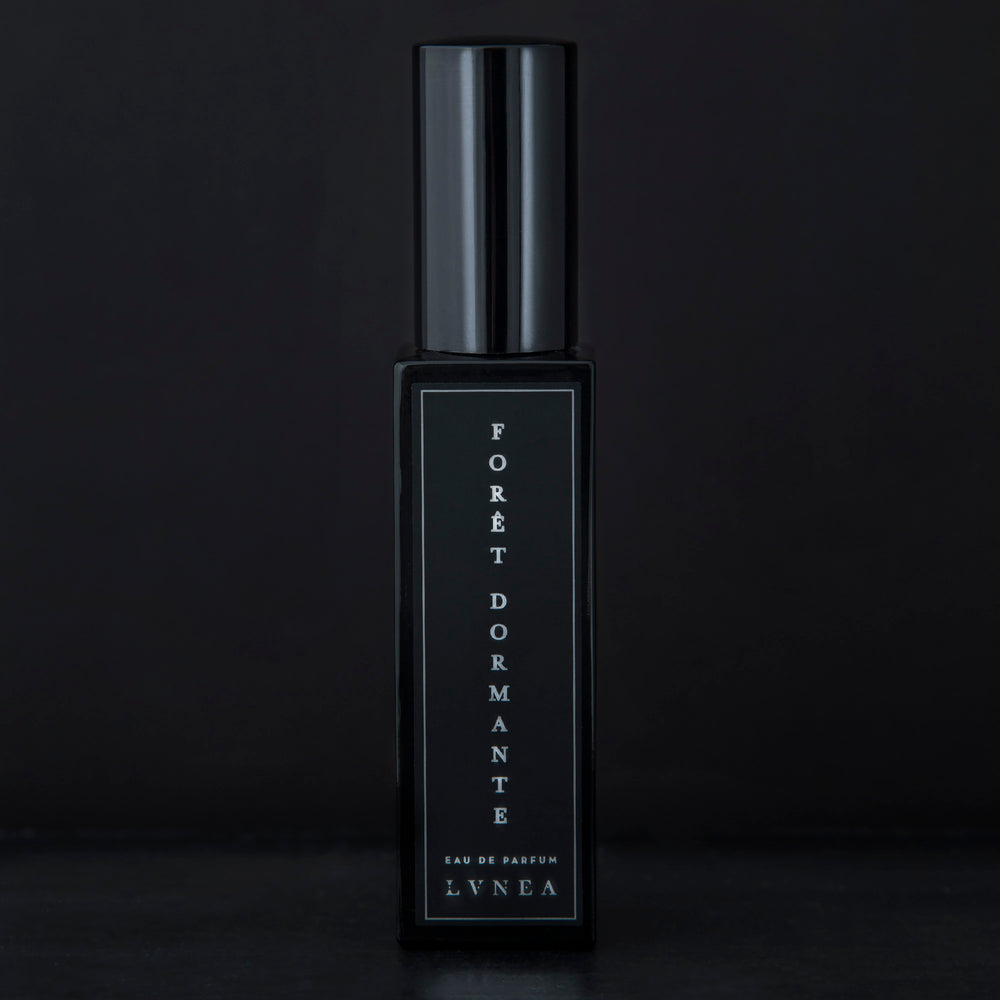 30ml black glass bottle of LVNEA’s Forêt Dormante natural perfume on black background