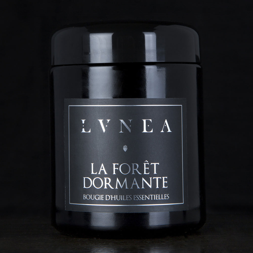 LVNEA’s La Foret Dormante candle housed in a resealable 8 ounce black glass jar on a black background