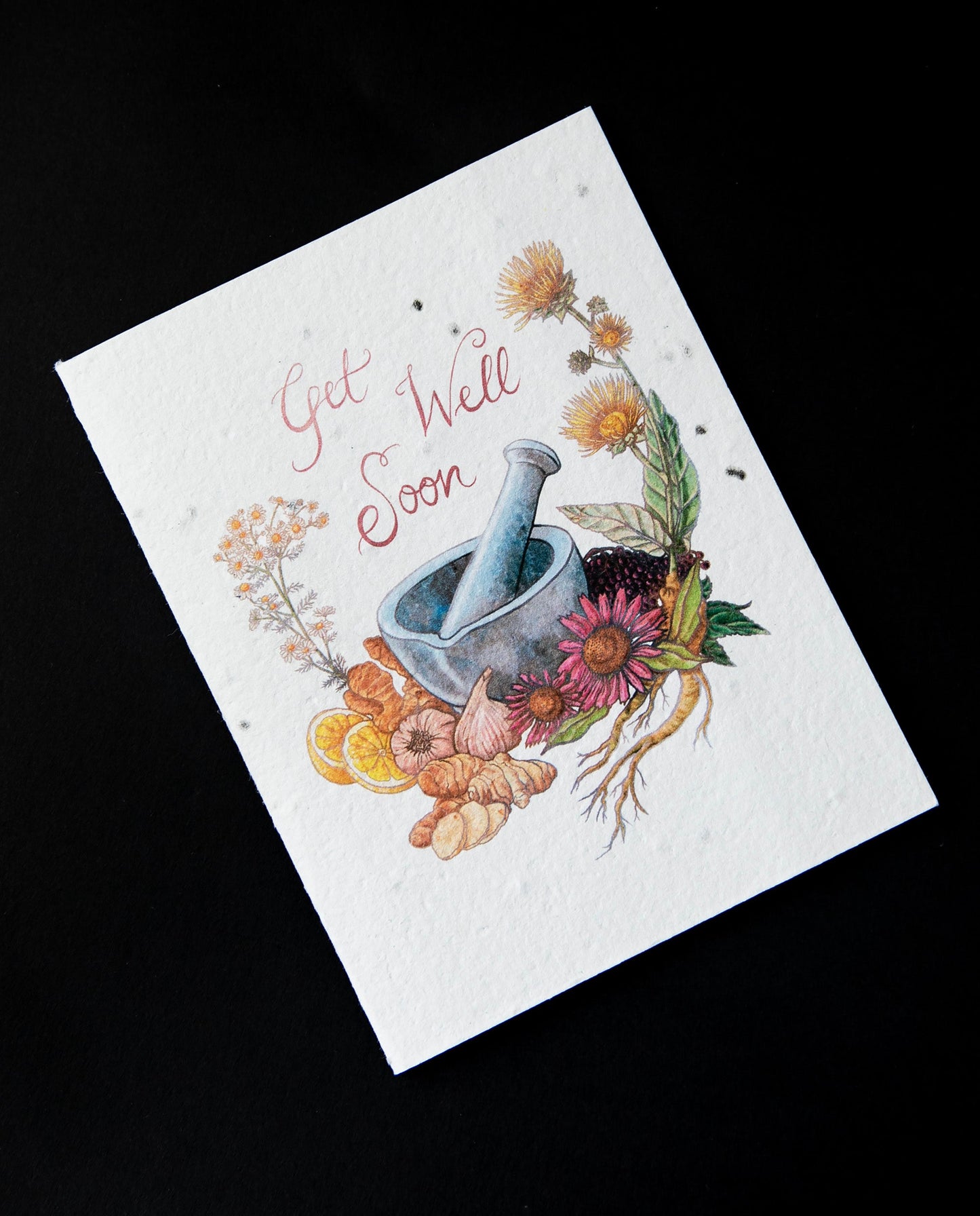 Cream coloured greeting card with illustration of a mortar and pestle surrounded by botanicals. The card reads "get well soon". The cardstock is textured and studded with seeds.
