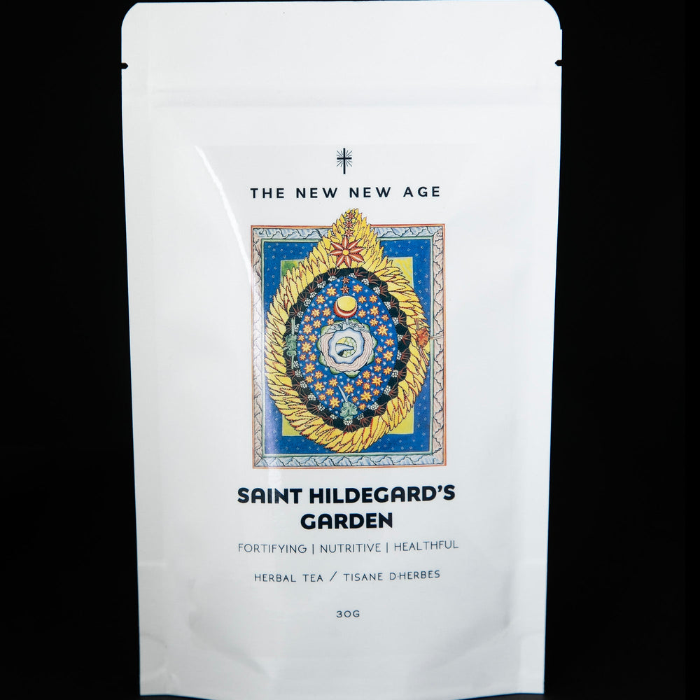 white resealable pouch of The New New Age's "Saint Hildegard's Garden" herbal tea blend.