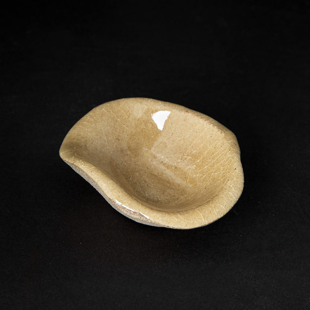 Small handmade stoneware dish with organic shape and clear glaze.