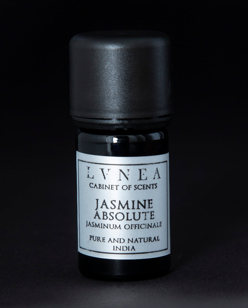 5ml black glass bottle of LVNEA's jasmine absolute. The label on the bottle is silver.