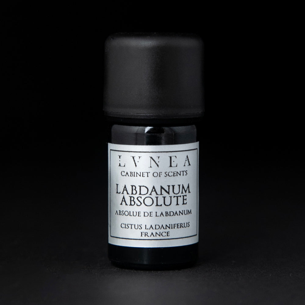 5ml black glass bottle of LVNEA's labdanum absolute on black background. The label on the bottle is silver.