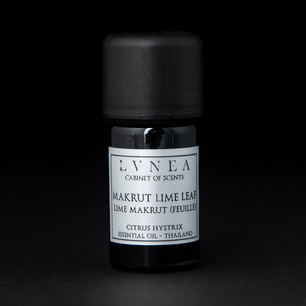 5ml black glass bottle of LVNEA's markrut lime leaf essential oil on black background. The label on the bottle is silver.