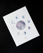 White greeting card featuring blue and purple watercolour illustrations of the moon's phases. The card reads "wishing you many more moons"