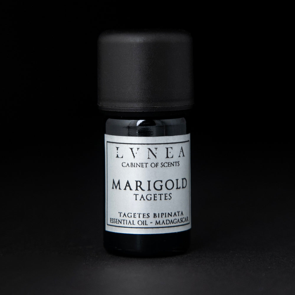 5ml black glass bottle of LVNEA's marigold essential oil on black background. The label on the bottle is silver.